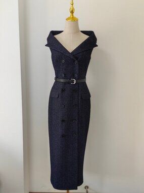 Self-Portrait Navy Herringbone Wool Midi Dress